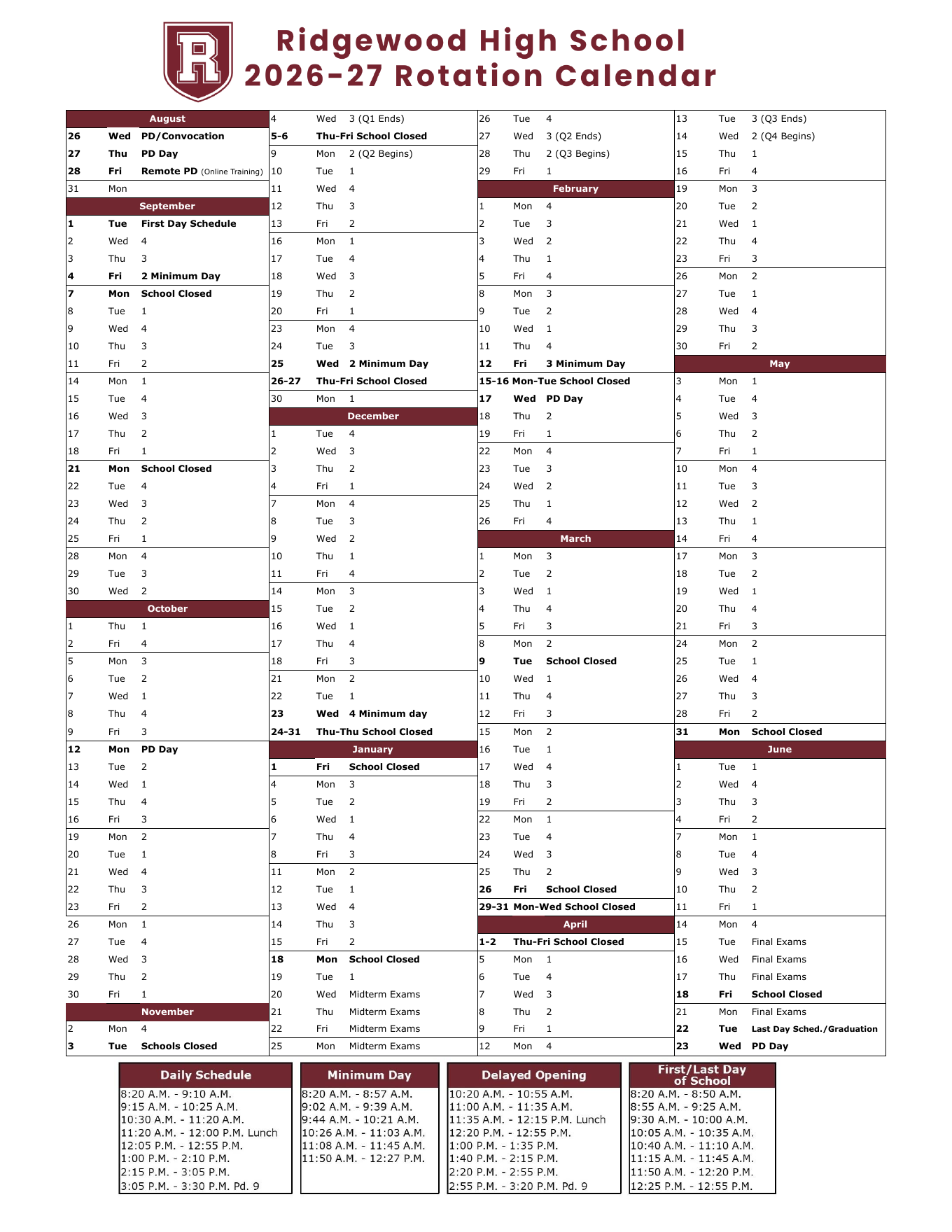 Preview of the 2026-27 RHS rotation calendar