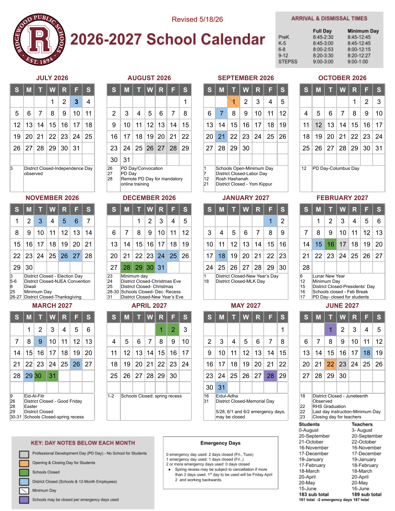 Preview of the revised 2026-27 district school calendar